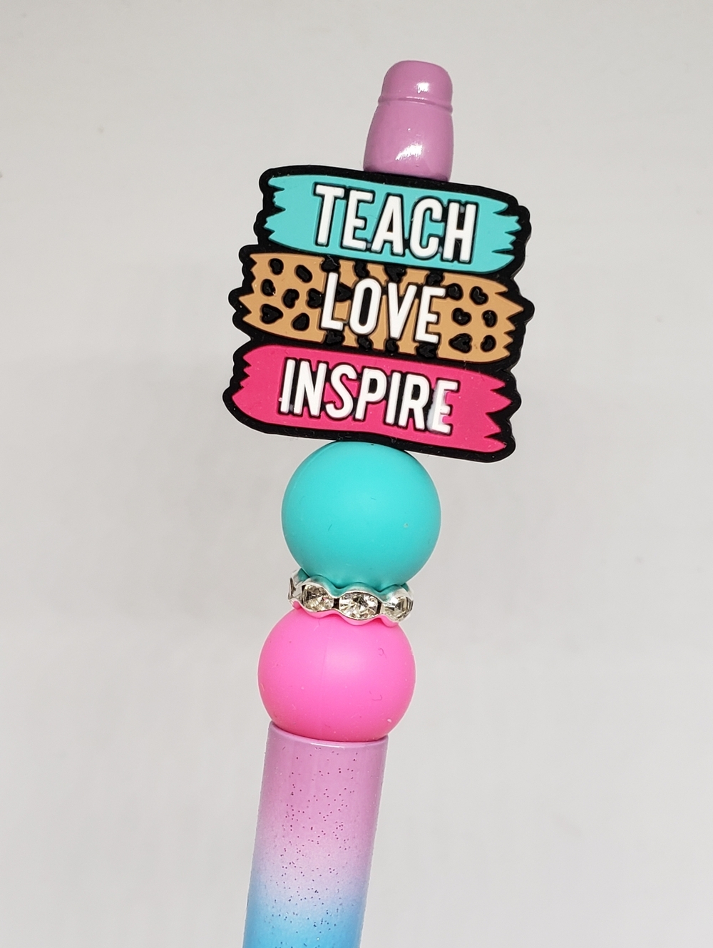 Handmade Rainbow Teach Love Inspire Teacher Beaded Silicone Focal Bead Pen